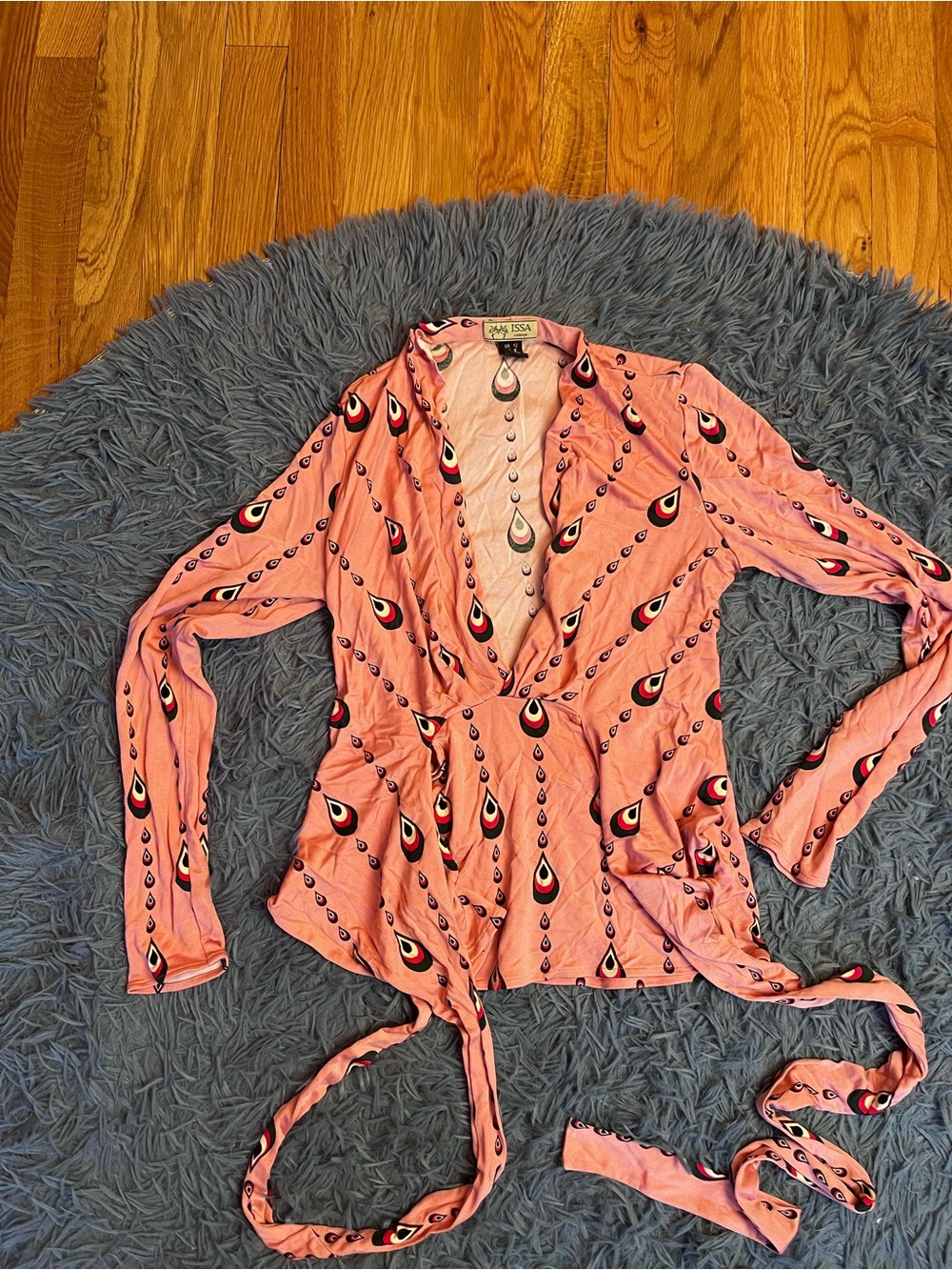 Issa Longon Stretch Silk Pink Wrap Top Teardrop Print Size S